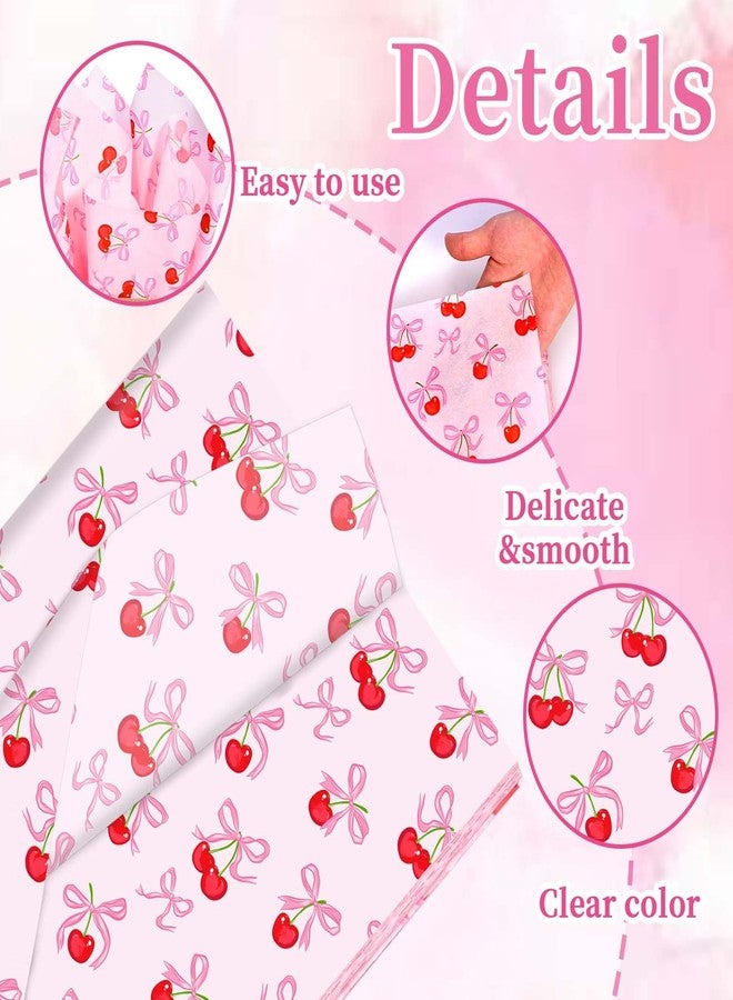 Sanixin 100Pcs Pink Bow Cherry Tissue Paper Sweet Bowknots Red Cherry Printed Tissue Paper for Birthday Party Bags DIY Craft - Image 3